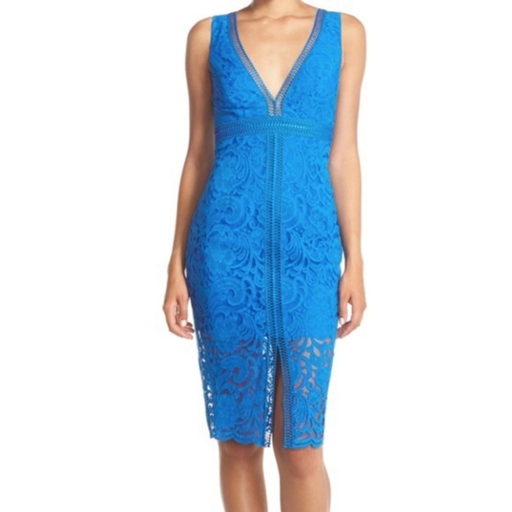 Bloomingdale’s Bardot royal blue lace v neck dress